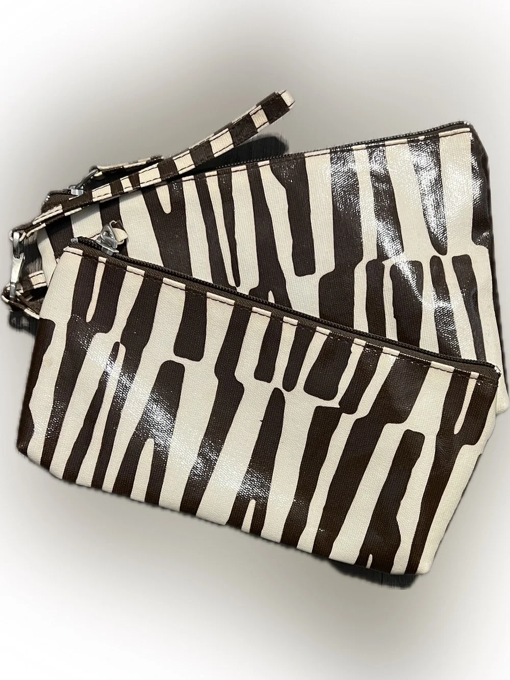 Zebra Print Double Wristlet Clutch Set Animal Print Brown White Zipper